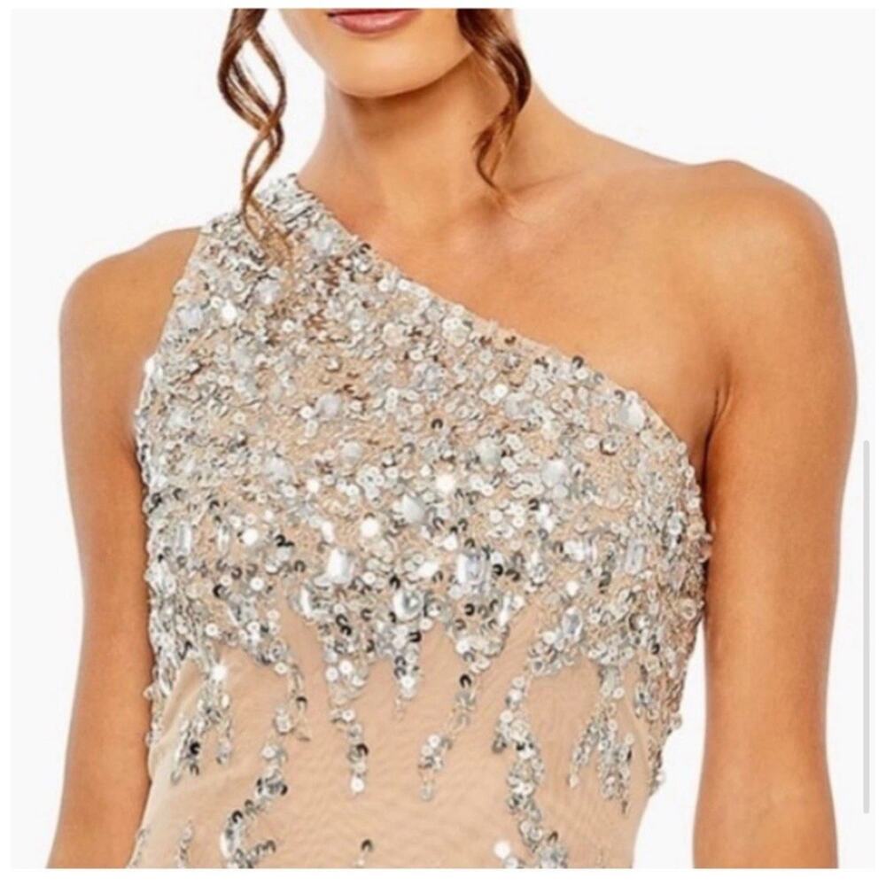 Mac Duggal 10977 Nude One Shoulder Asymmetric Sheer Hand Beaded Mini Dress Sz 12 - Picture 7 of 16